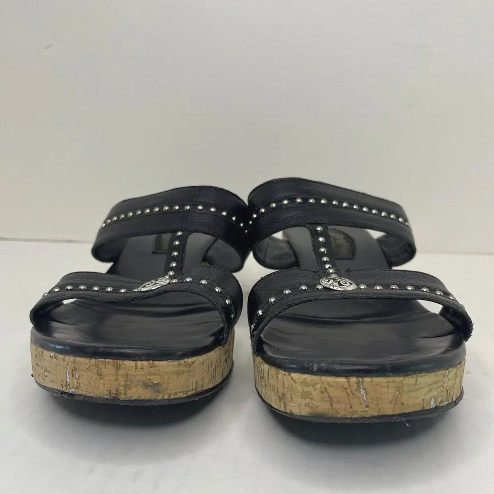 Brighton Sandals Size 9 M Slip On Slides Black Silver Cork Wedge Heel Studded